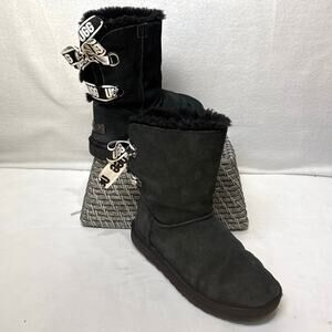 UGG Mini Bailey Bow Boots Women, Size 6  Black Suede Logo Tie Ribbon